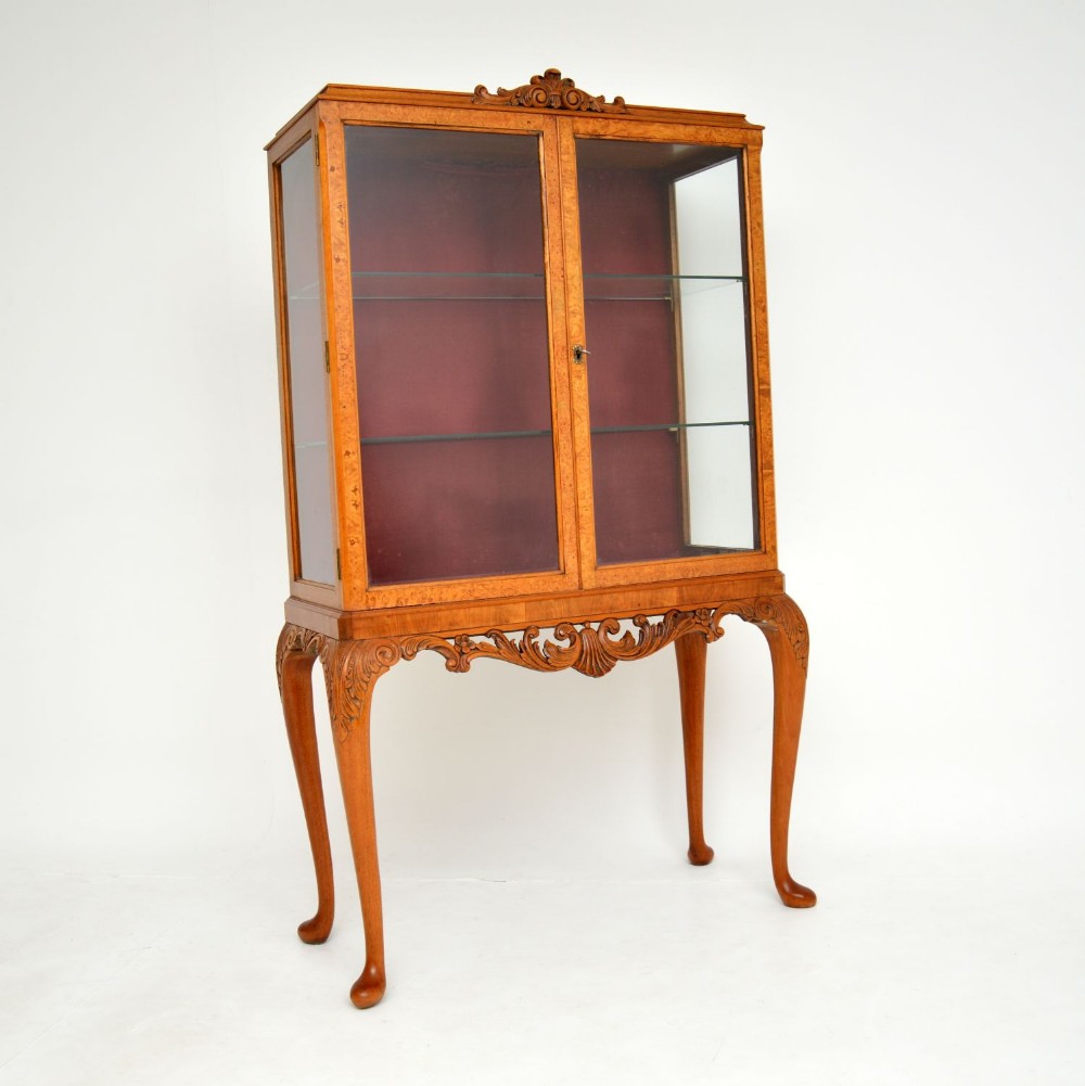 Antique Queen Anne Style Burr Walnut Display Cabinet

