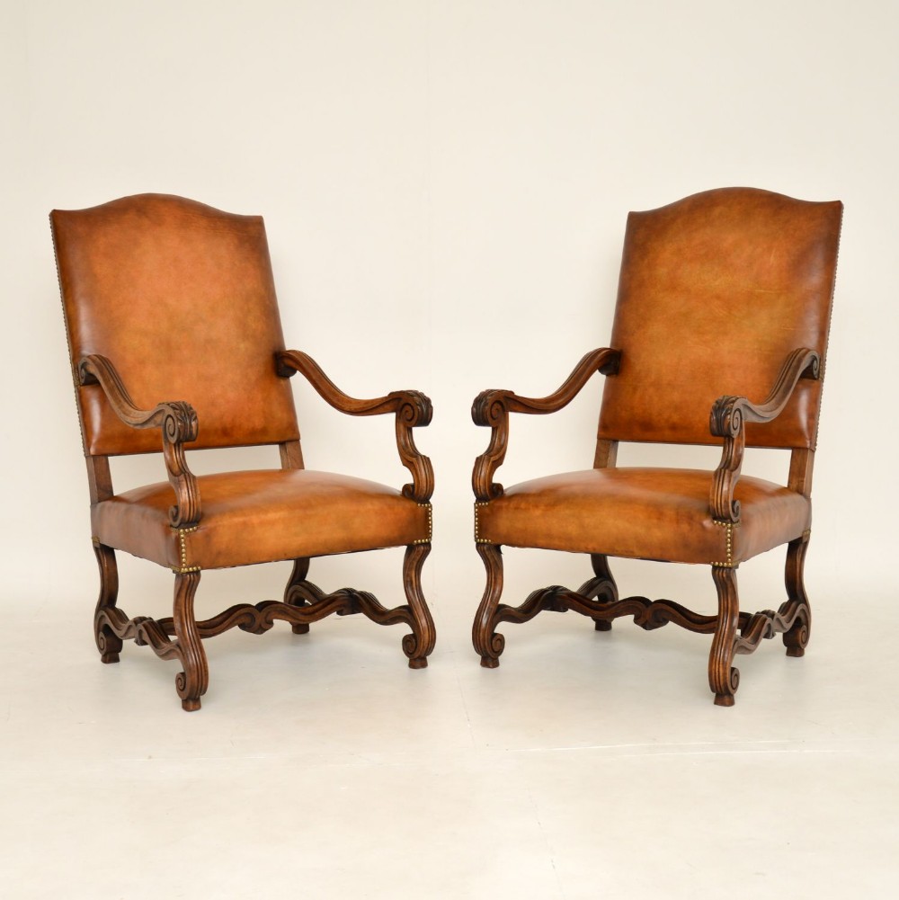 Pair of Antique Swedish Leather & Walnut Armchairs