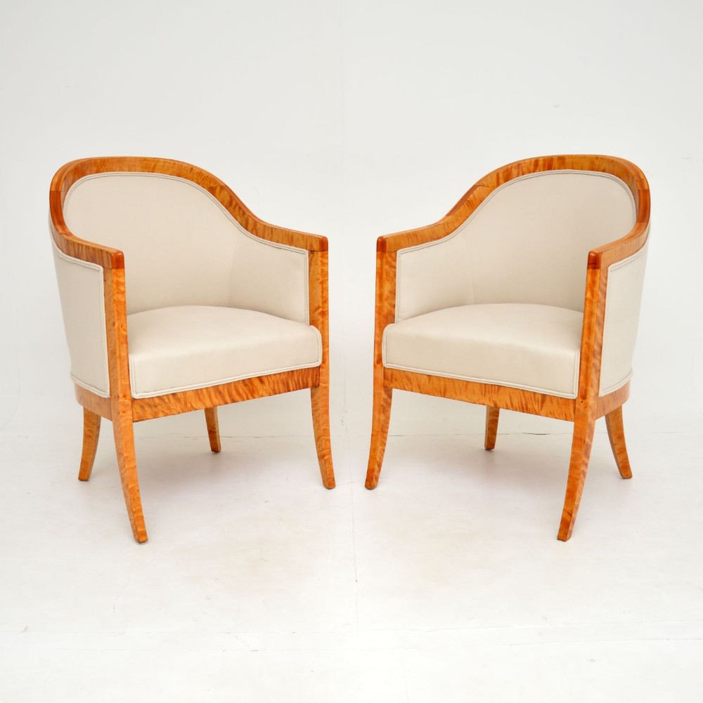 Pair of Antique Swedish Tiger Birch Biedermeier Armchairs