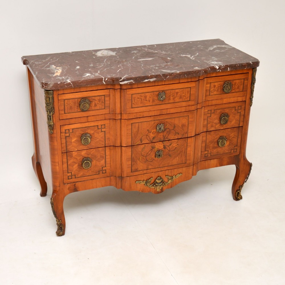 Antique French Inlaid Marquetry Marble Top Commode