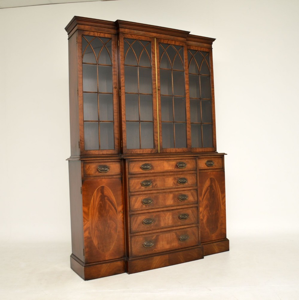 Antique Inlaid Mahogany Breakfront Bookcase 