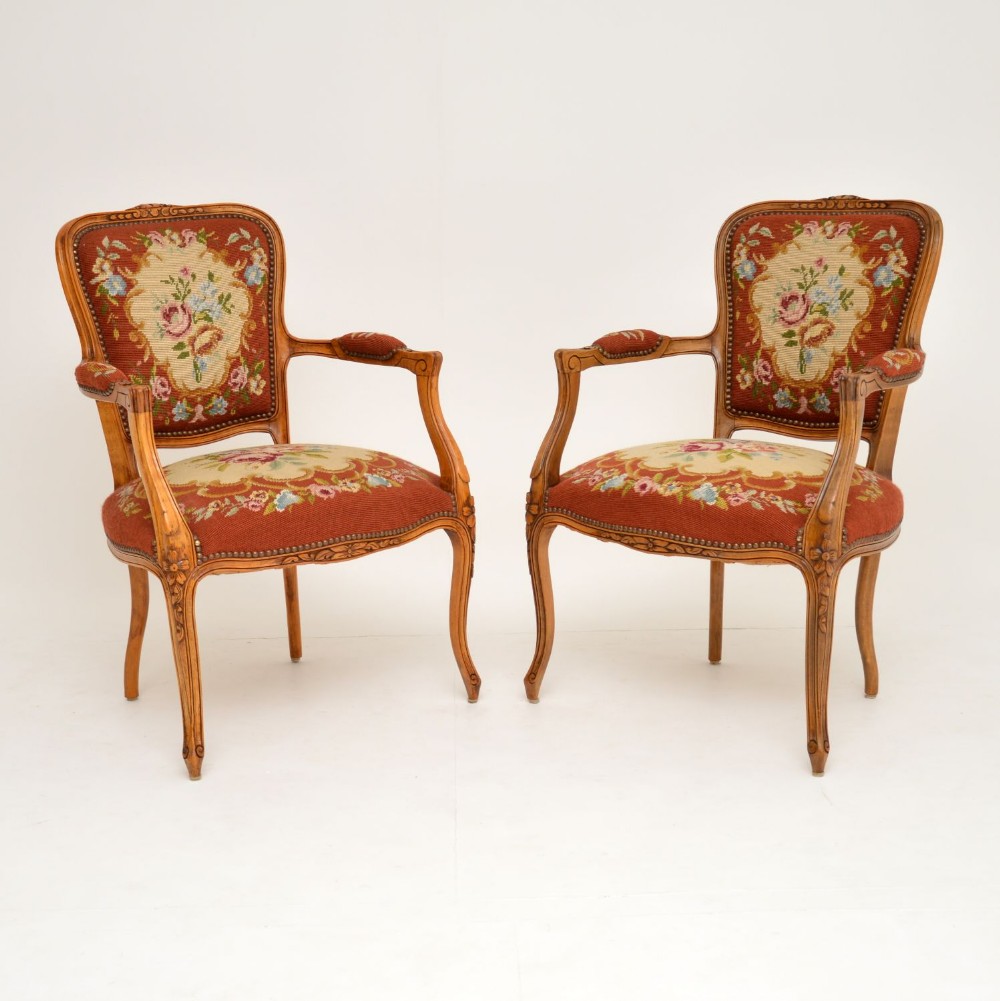 Pair of Antique French Tapestry Salon Armchairs