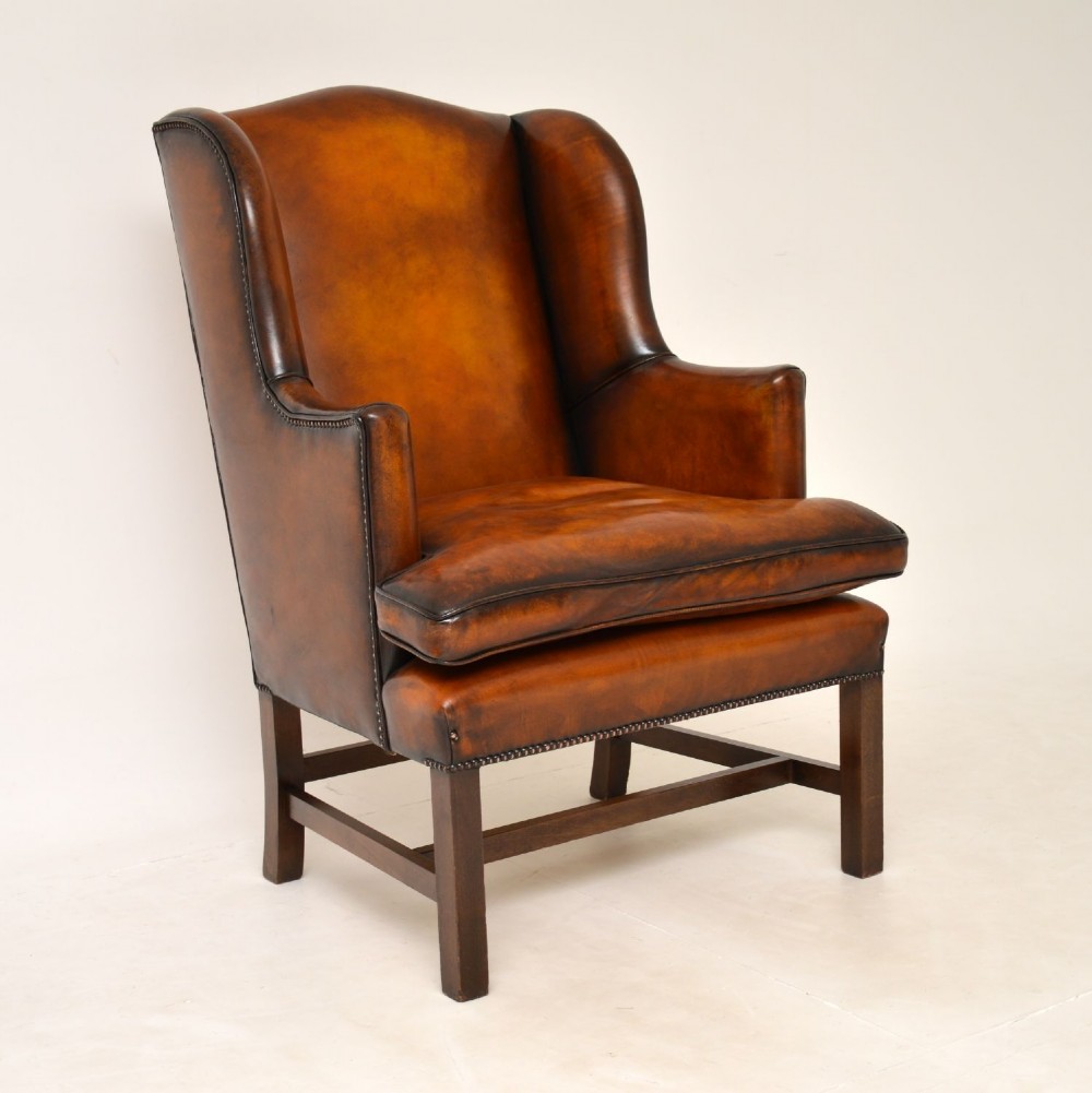 Antique Leather & Mahogany Wing Back Armchair