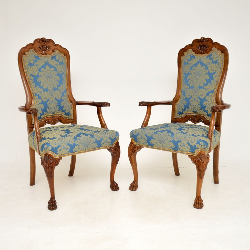 Pair of Antique Walnut Carver Armchairs