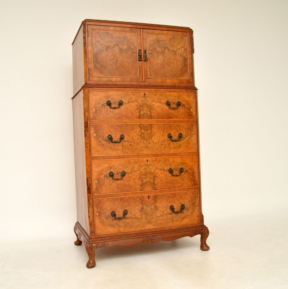 Antique Burr Walnut Cabinet on Chest of Drawers