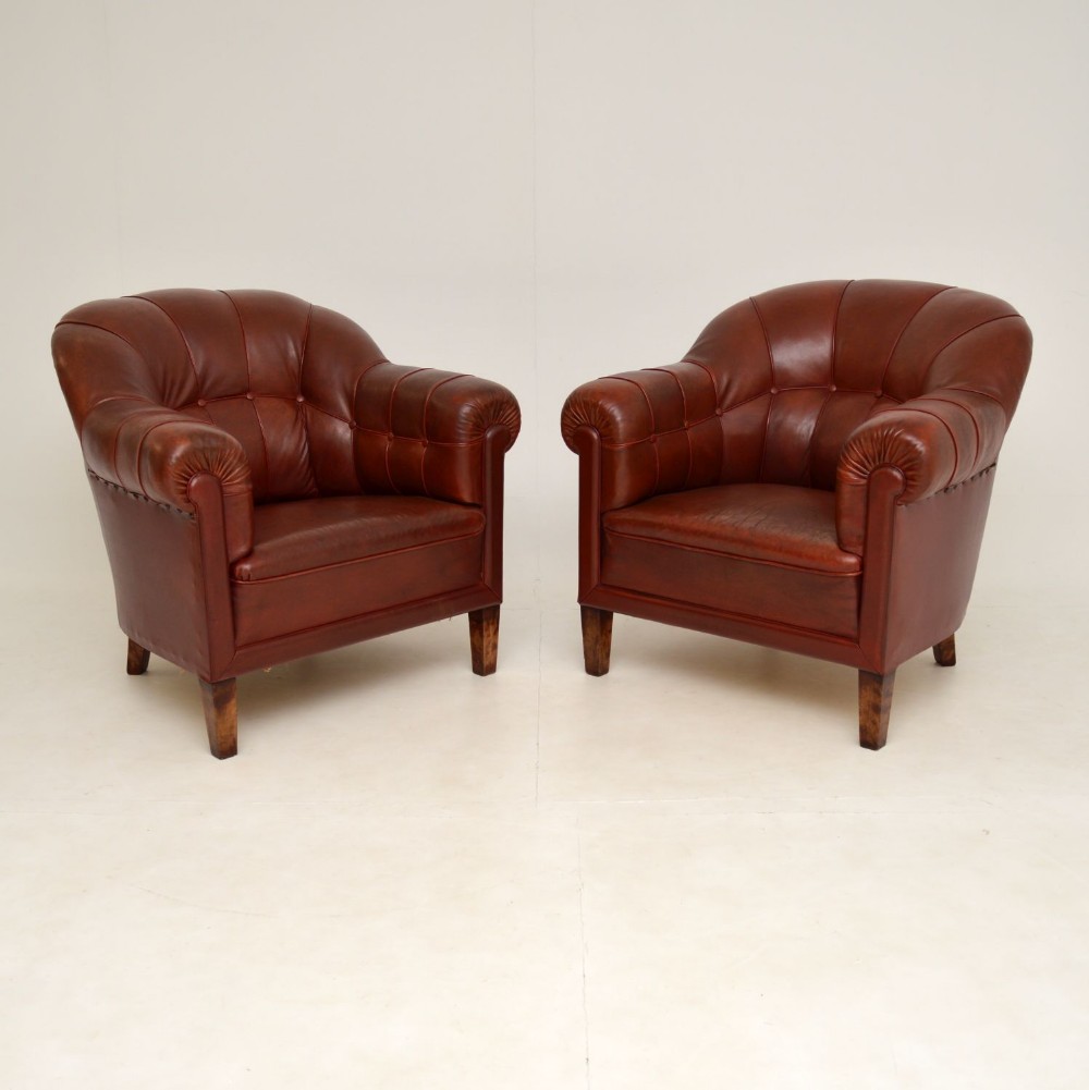 Pair of Antique Swedish Leather Club Armchairs