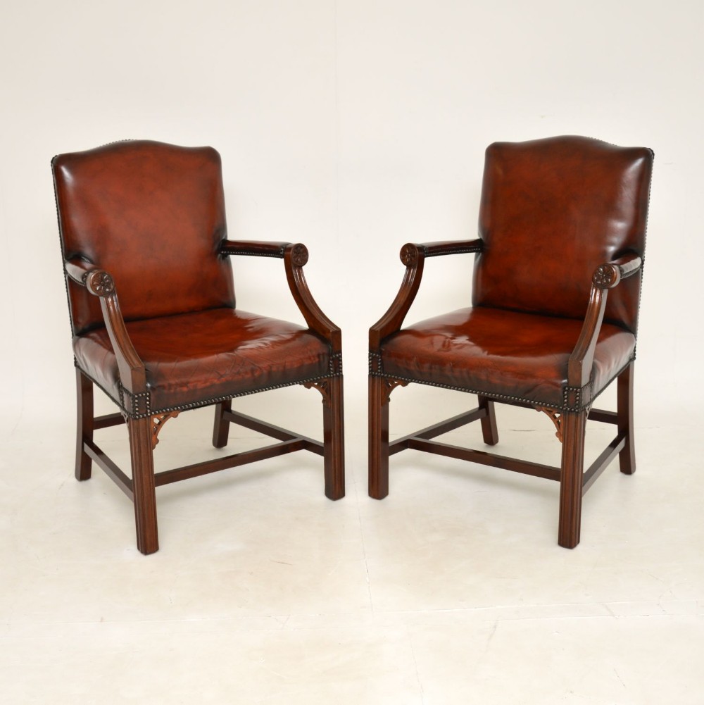 Pair of Antique Leather & Mahogany Gainsborough Armchairs