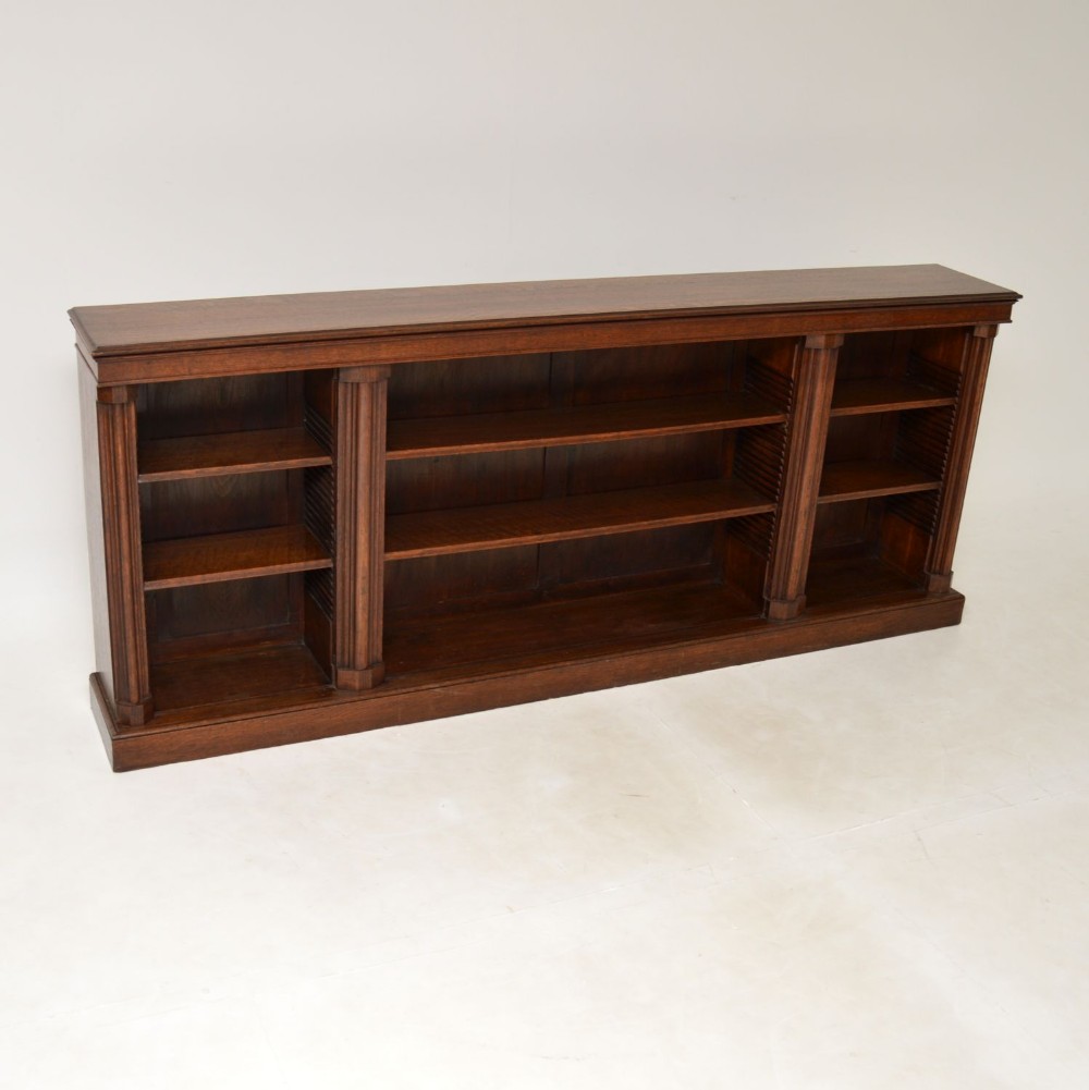 Long Antique Victorian Solid Oak Open Bookcase