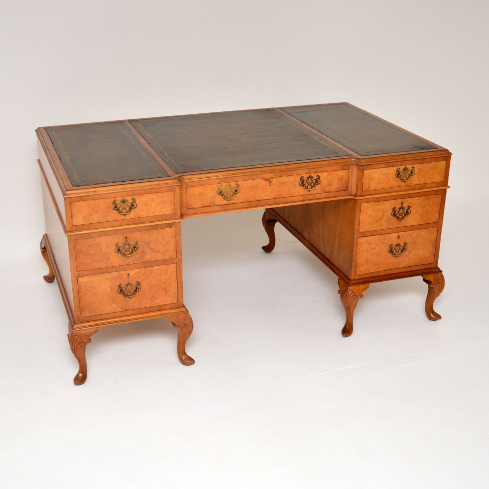 Antique Burr Walnut Leather Top Pedestal Desk