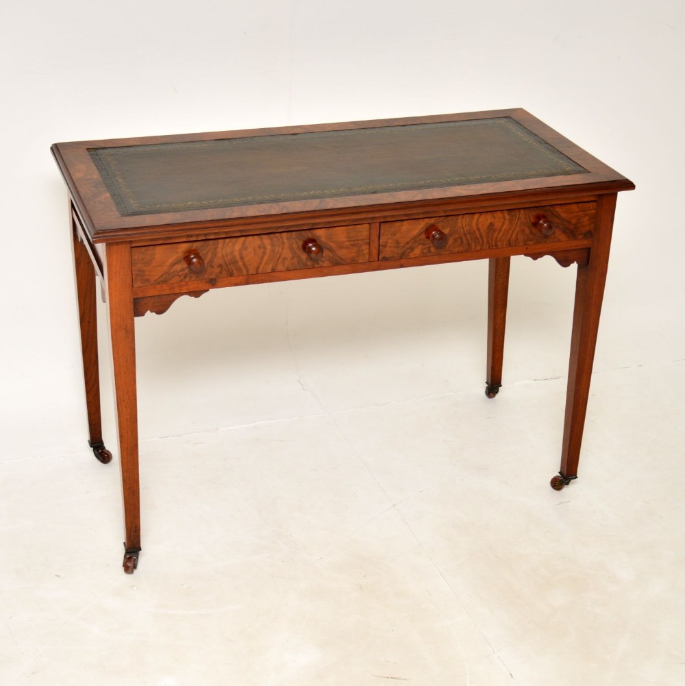 Antique Victorian Burr Walnut Leather Top Writing Table