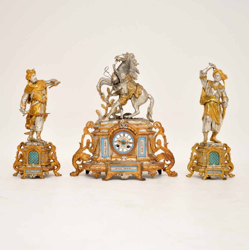 Antique French Gilt Metal Mantel Clock Set