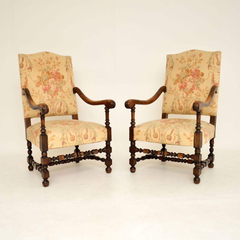 Pair of Antique Carolean Style Carved Oak Armchairs

