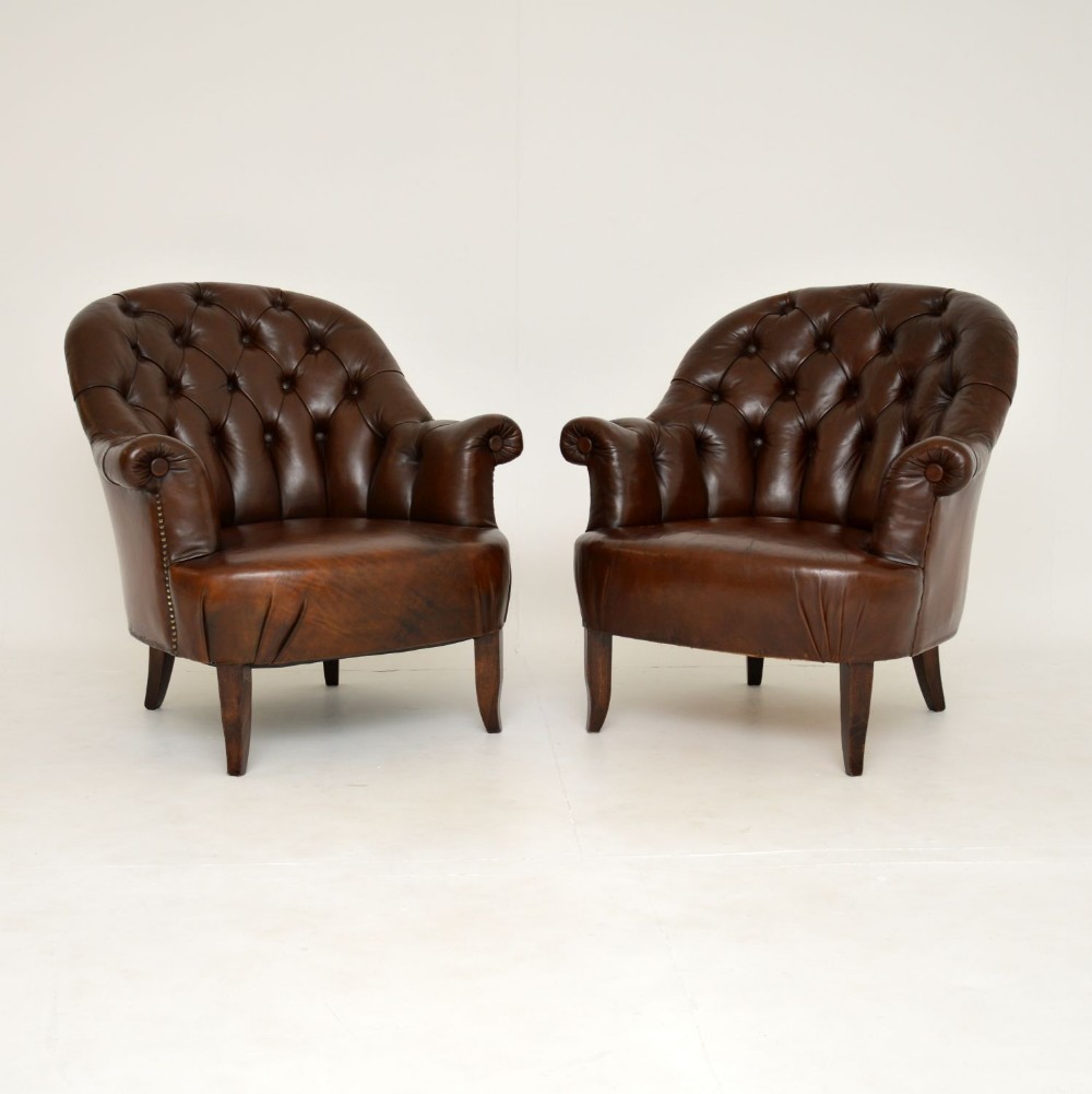 Pair of Antique Swedish Leather Armchairs