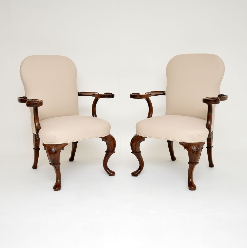 Pair of Antique Carved Walnut Armchairs