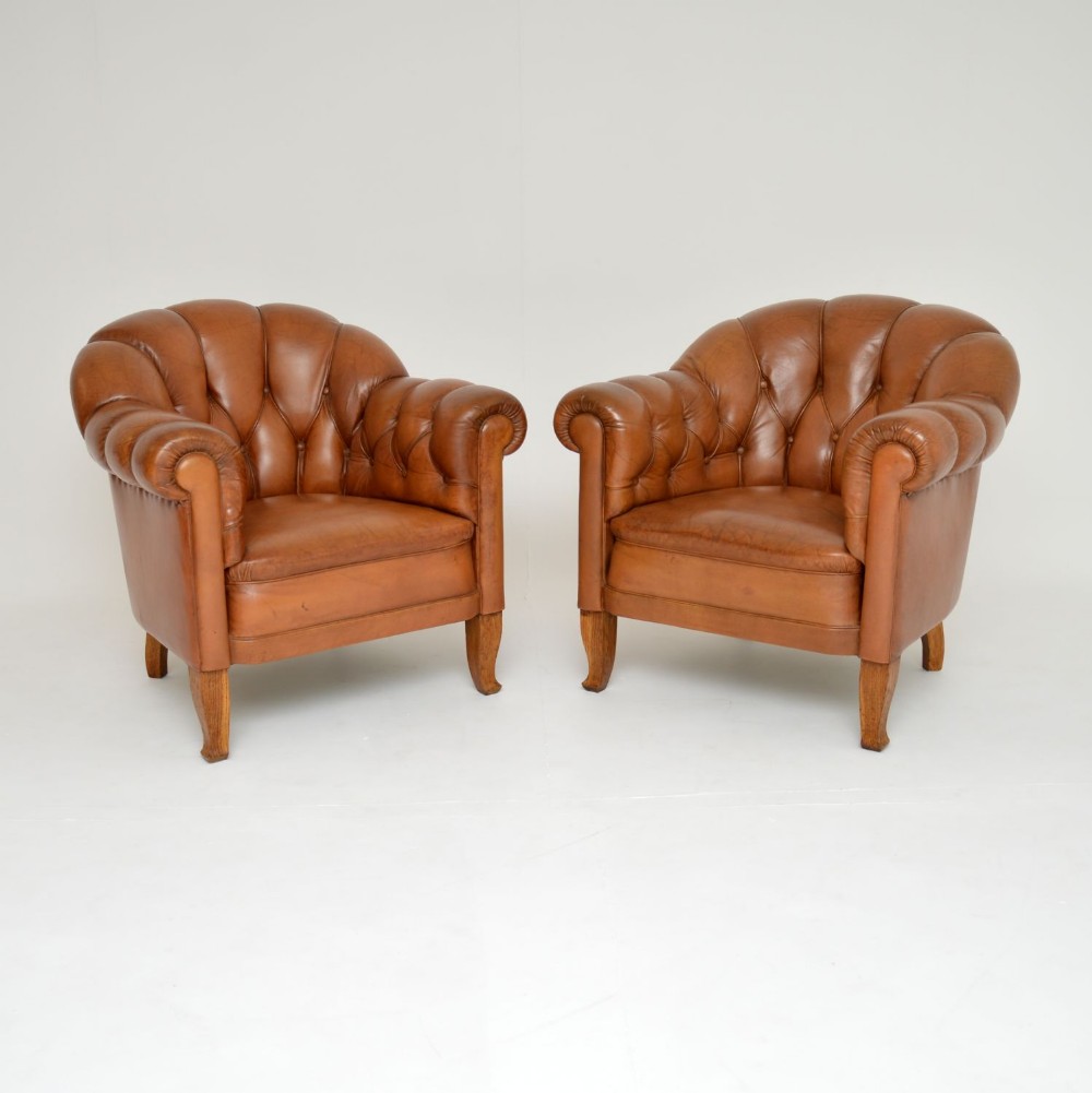 Pair of Antique Swedish Leather Club Armchairs