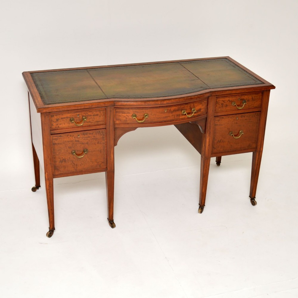 Antique Edwardian Inlaid Satin Wood Leather Top Desk