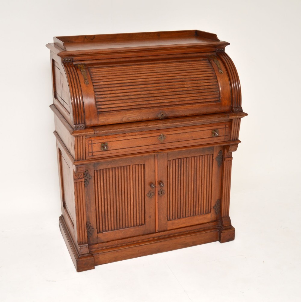 Antique Arts & Crafts Walnut Tambour Top Bureau