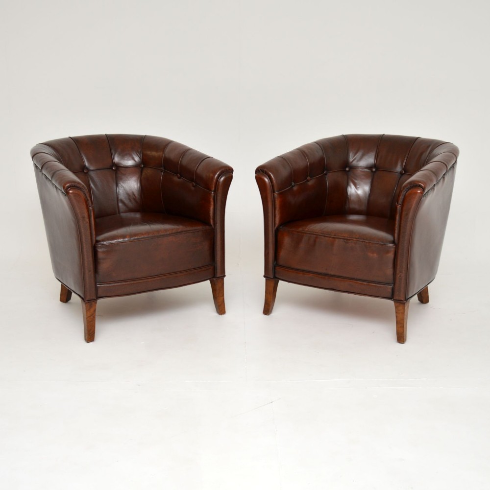 Pair of Antique Swedish Leather Armchairs