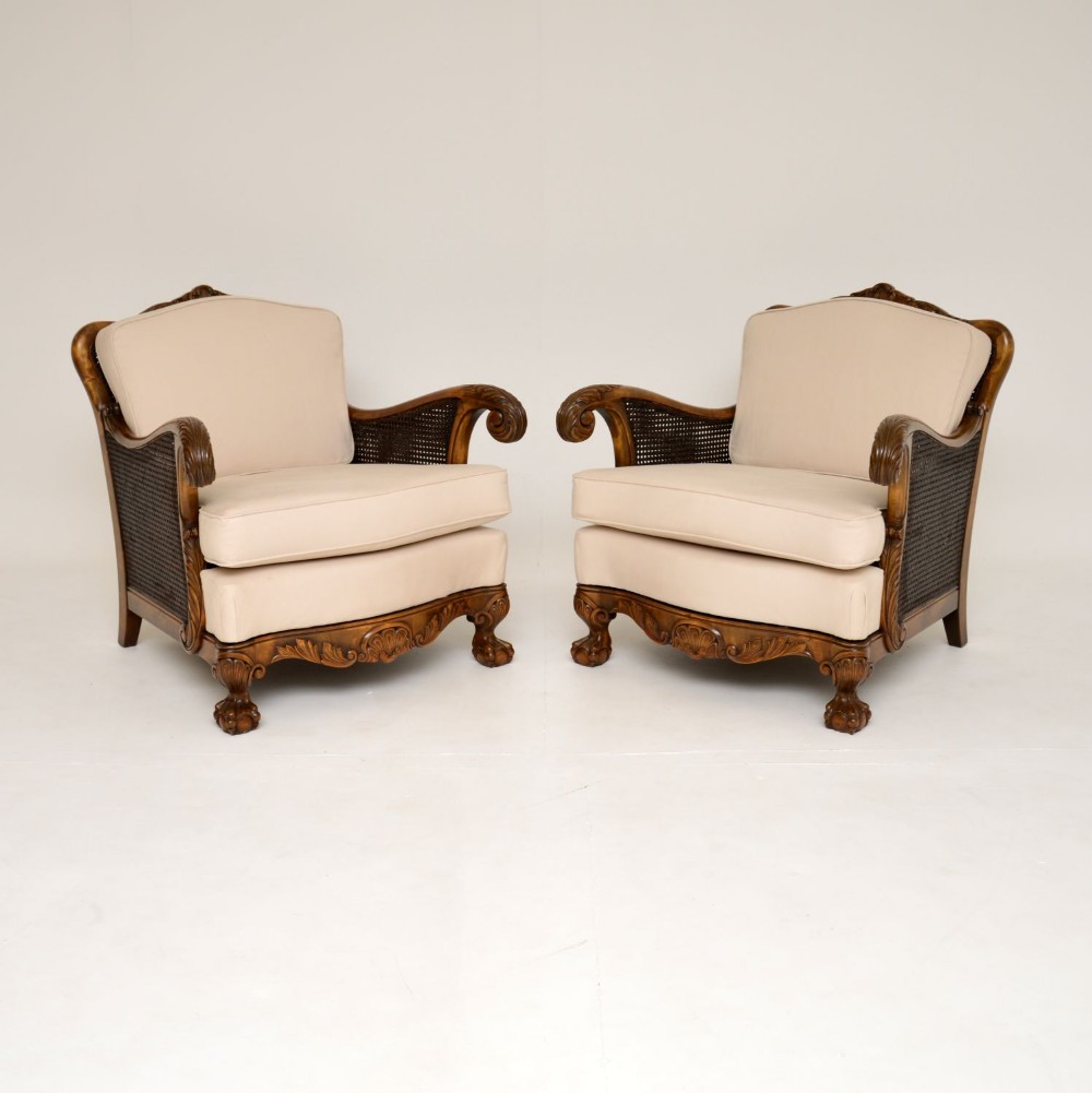 Pair of Antique Swedish Satin Birch Bergere Armchairs