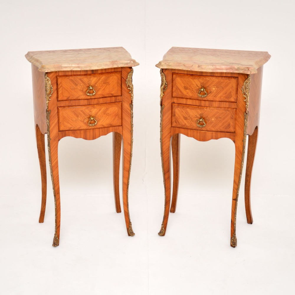 Pair of Antique French Inlaid Marble Top Bedside Chests
