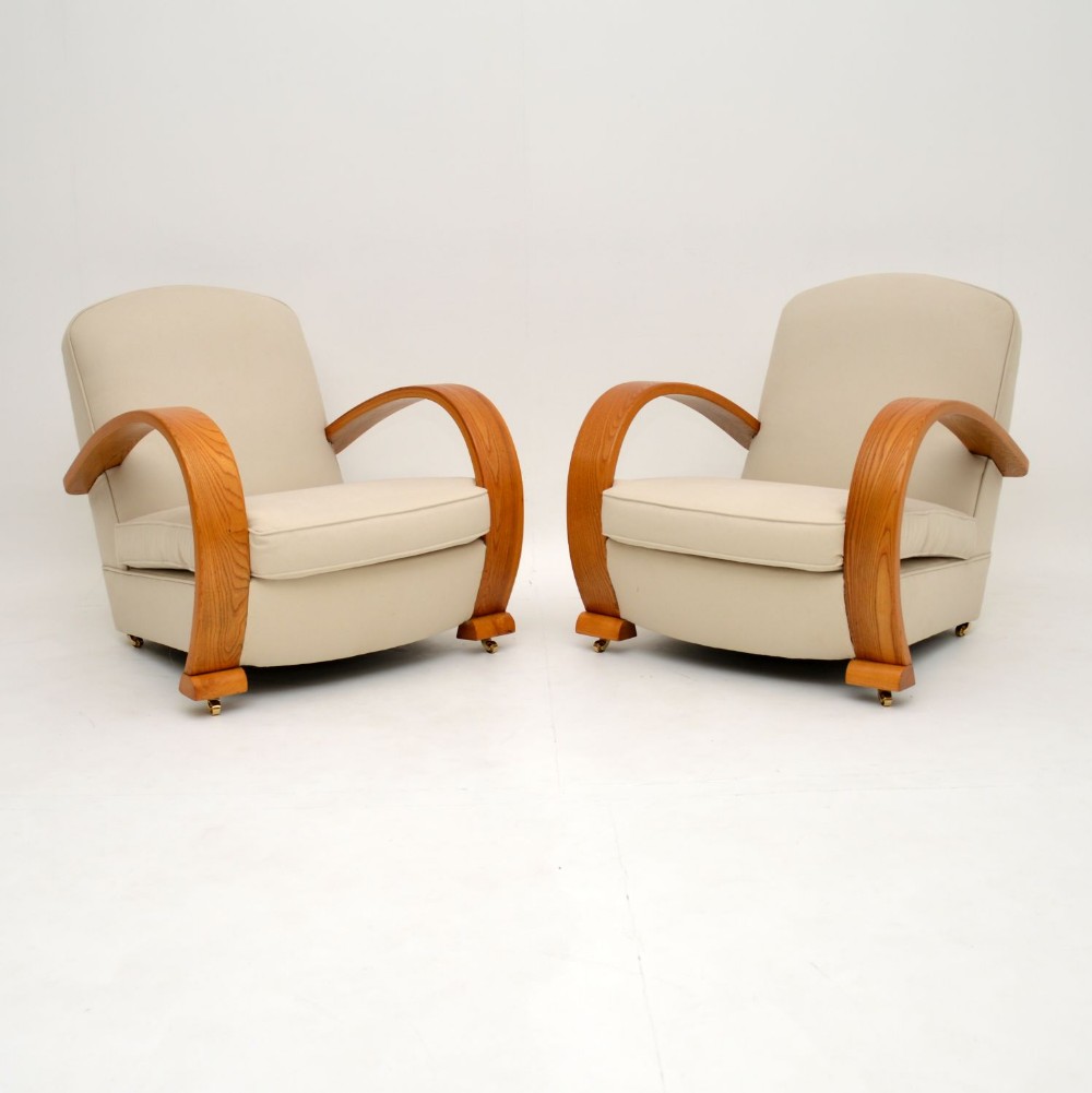 Pair of Art Deco Solid Elm Armchairs
