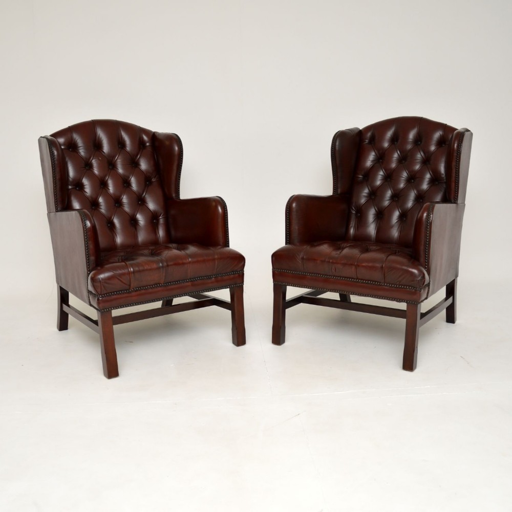 Pair of Antique Swedish Leather Wing Back Armchairs