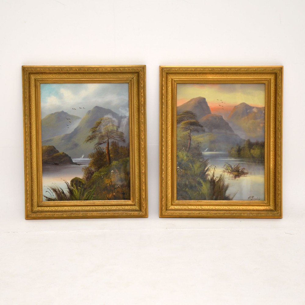 Pair of Antique Victorian Oil Paintings - Scottish Highlands by H. Leslie
