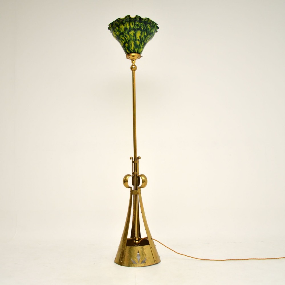 Antique Art Nouveau Brass & Glass Floor Lamp