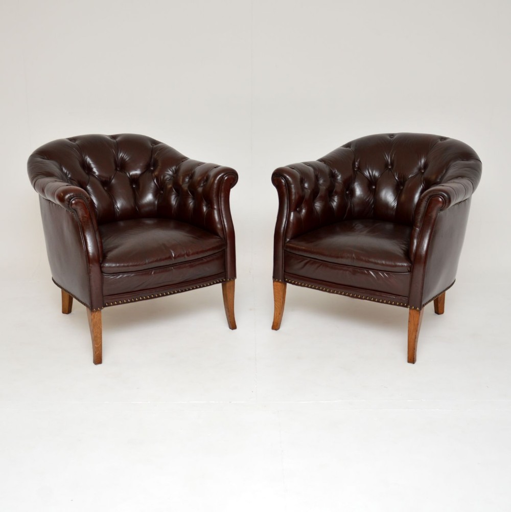 Pair of Antique Swedish Leather Club Armchairs