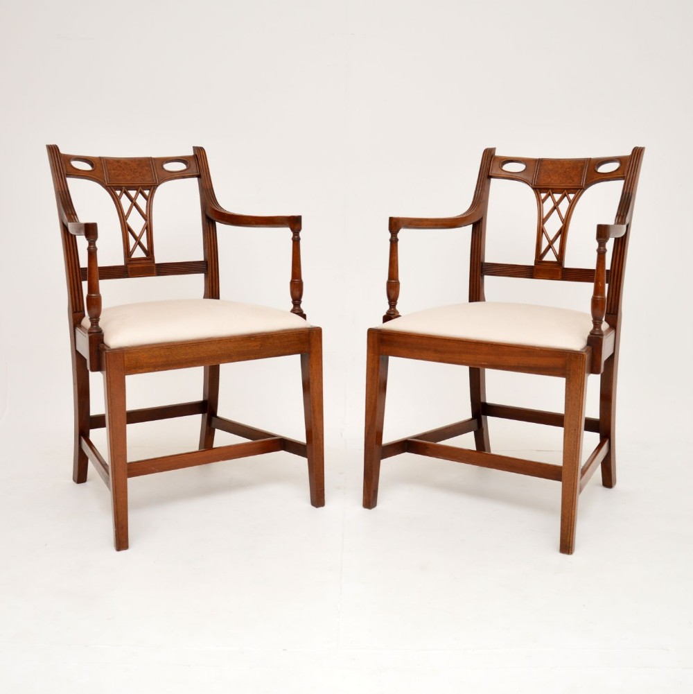 Pair of Antique Georgian Style Mahogany & Walnut Armchairs