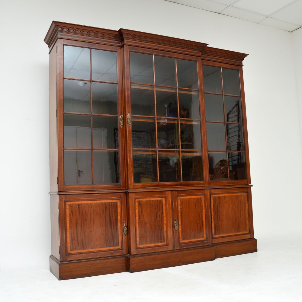 Antique Edwardian Inlaid Mahogany Breakfront Bookcase