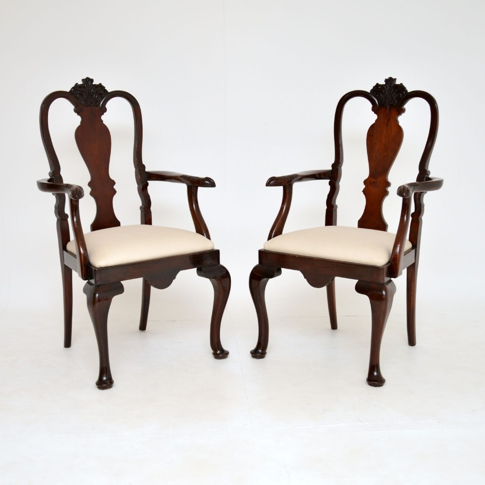 Pair of Antique Queen Anne Style Mahogany Carver Armchairs