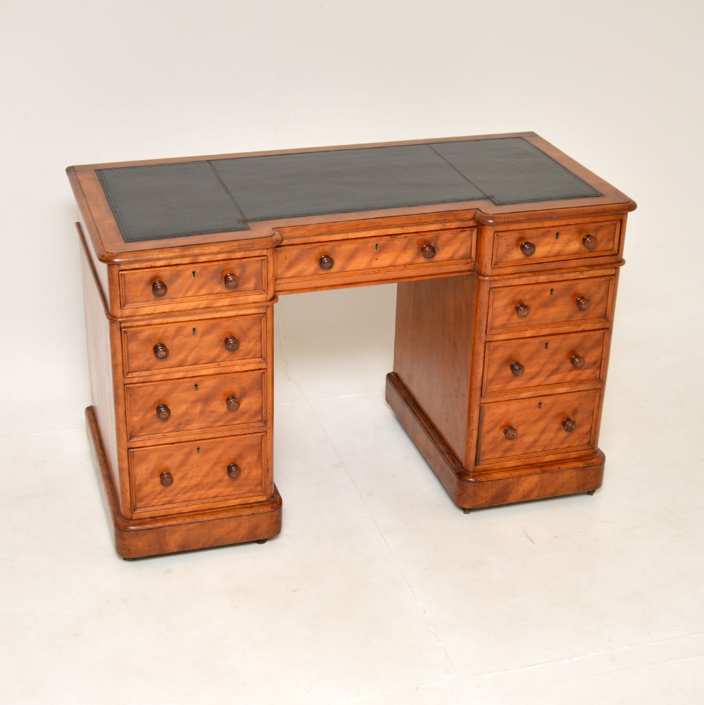 Antique Victorian Satin Wood Leather Top Pedestal Desk
