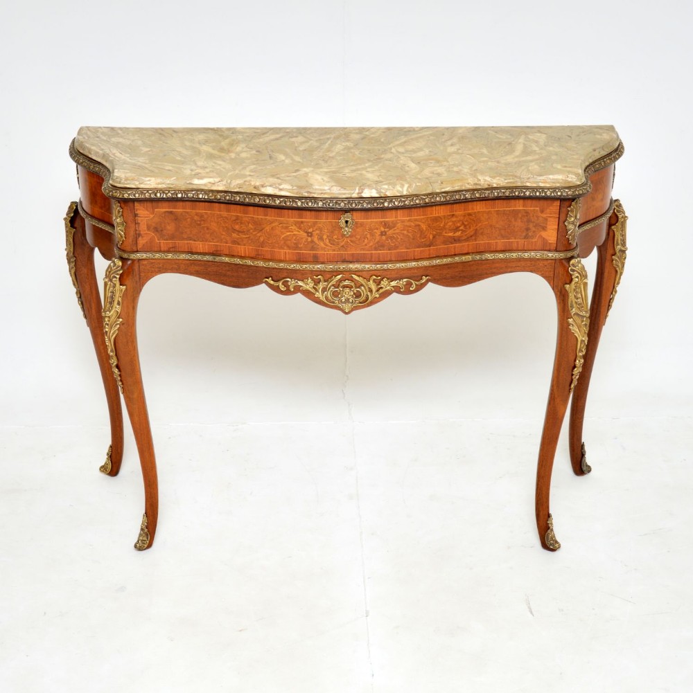 Antique French Marble Top Inlaid Walnut Console Table