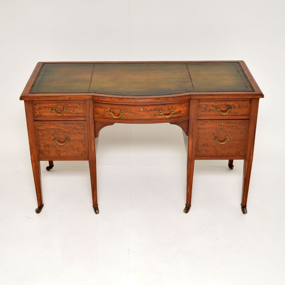 Antique Edwardian Inlaid Satin Wood Leather Top Desk