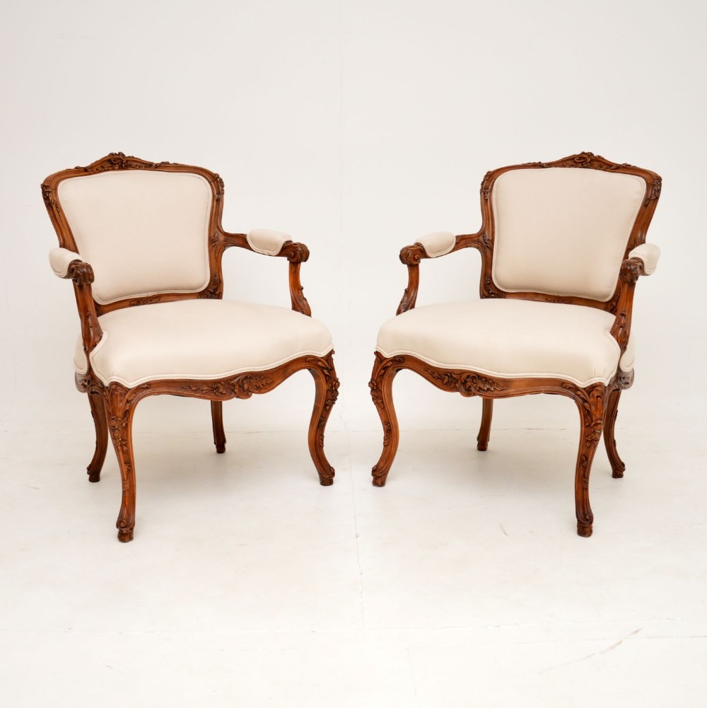 Pair of Antique French Carved Walnut Salon Chairs