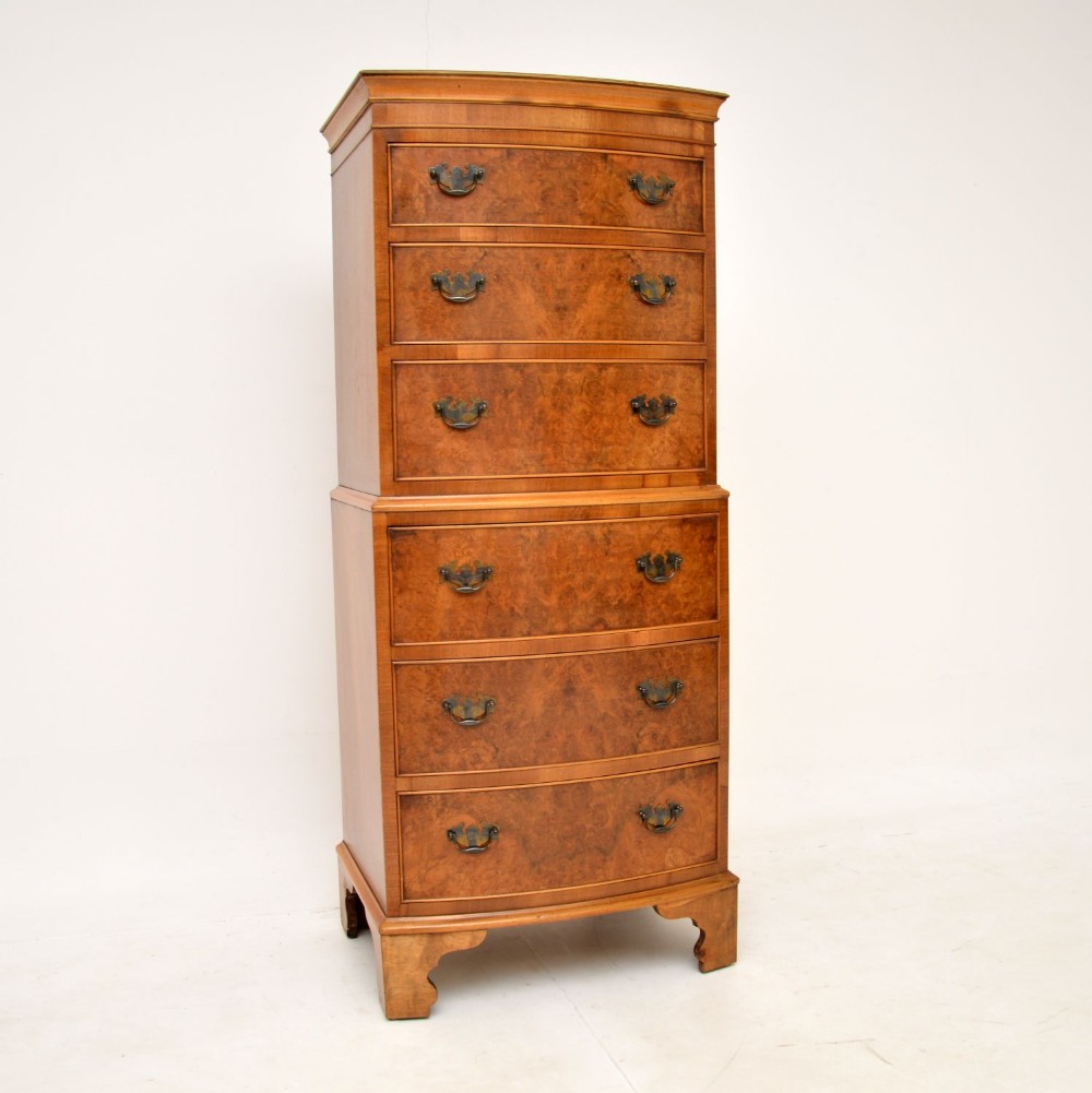 Antique Burr Walnut Bow Fronted Chest on Chest
