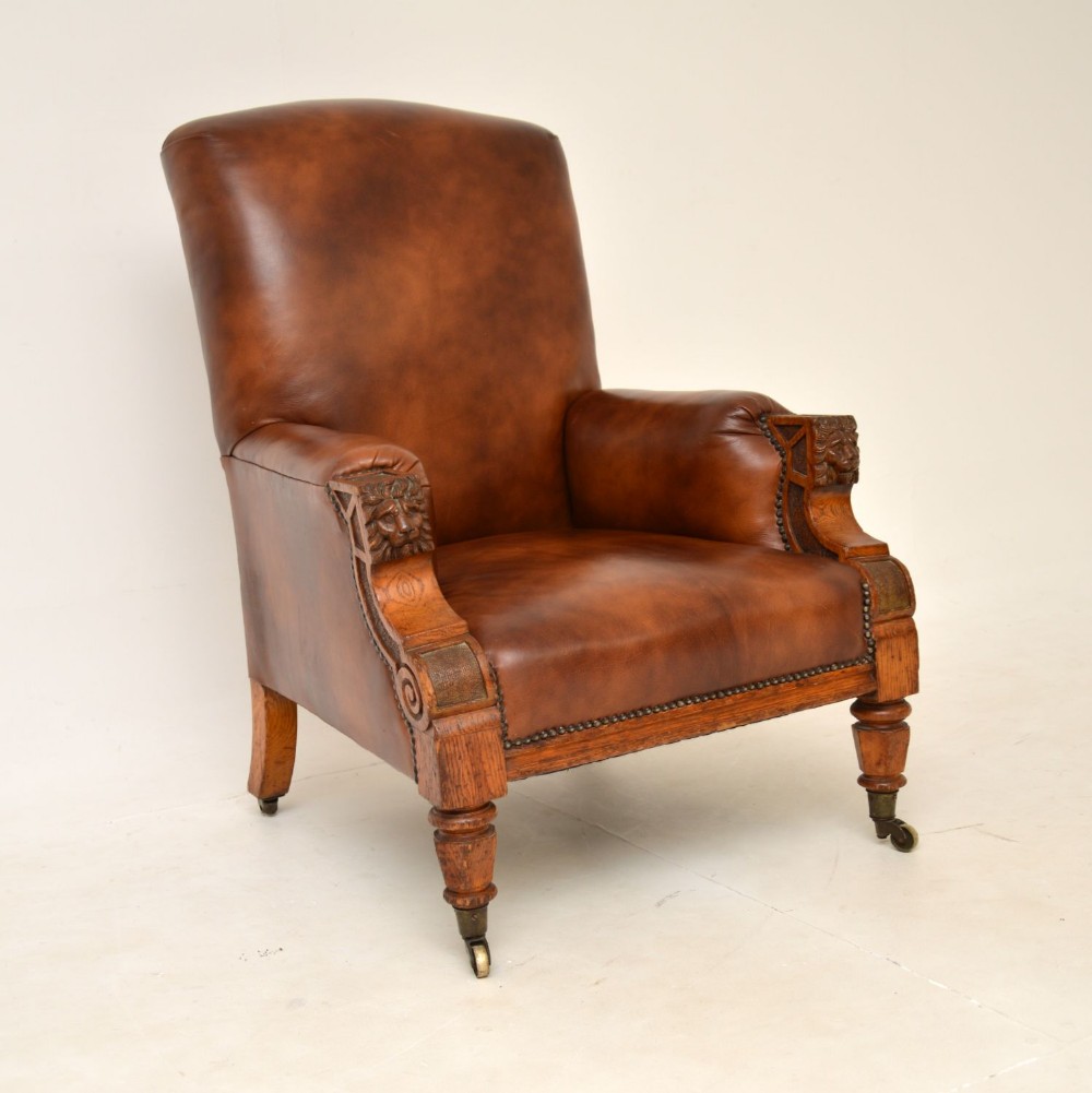 Antique Leather & Carved Oak Childs Armchair