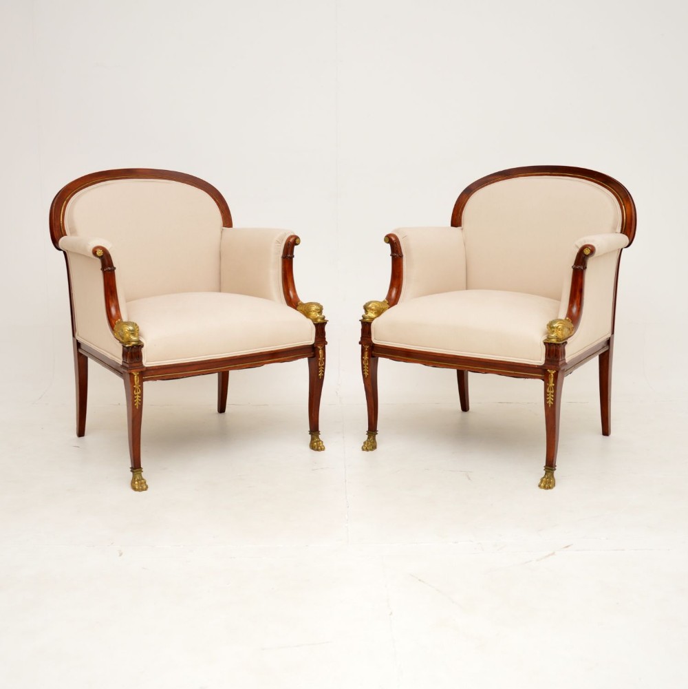Pair of Antique Swedish Mahogany & Brass Armchairs