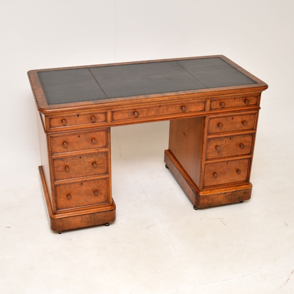 Antique Victorian Burr Walnut Pedestal Desk