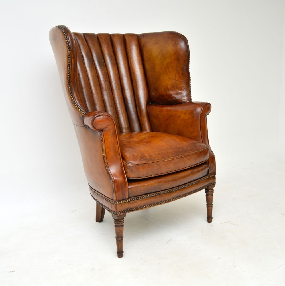 Antique George III Barrel Back Leather Wing Armchair