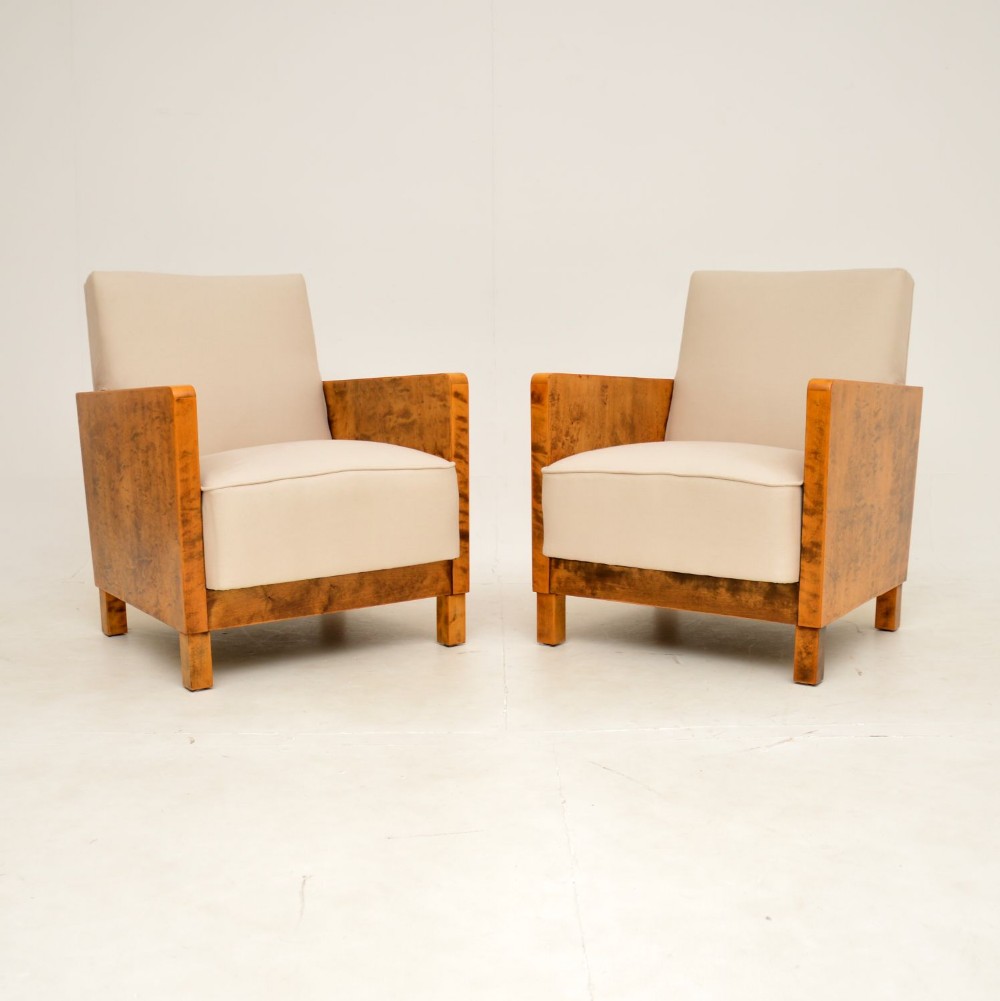 Pair of Swedish Art Deco Satin Birch Armchairs by Axel Larsson
