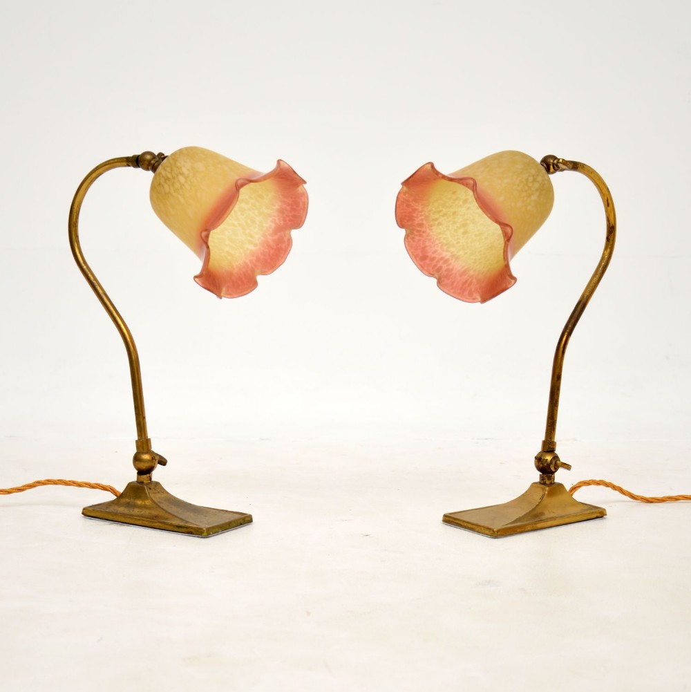 Pair of Antique Brass & Glass Table Lamps
