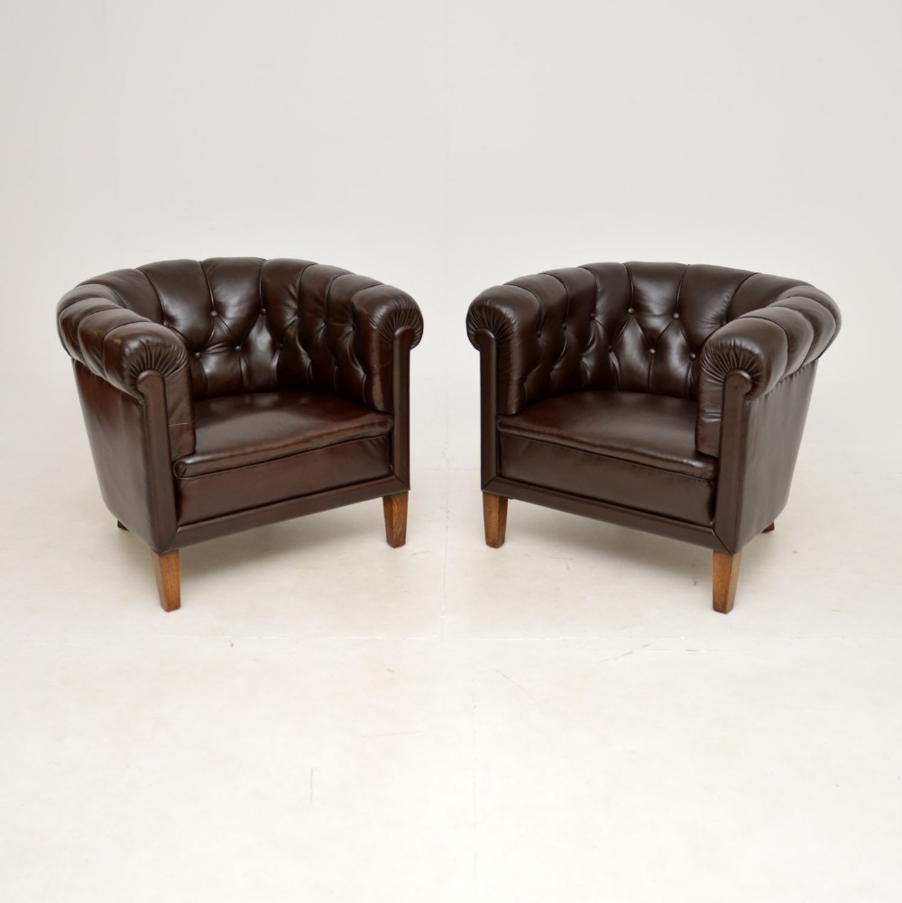 Pair of Antique Swedish Leather Club Armchairs