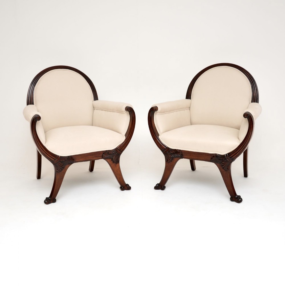 Pair of Antique Swedish Mahogany Gondola Armchairs
