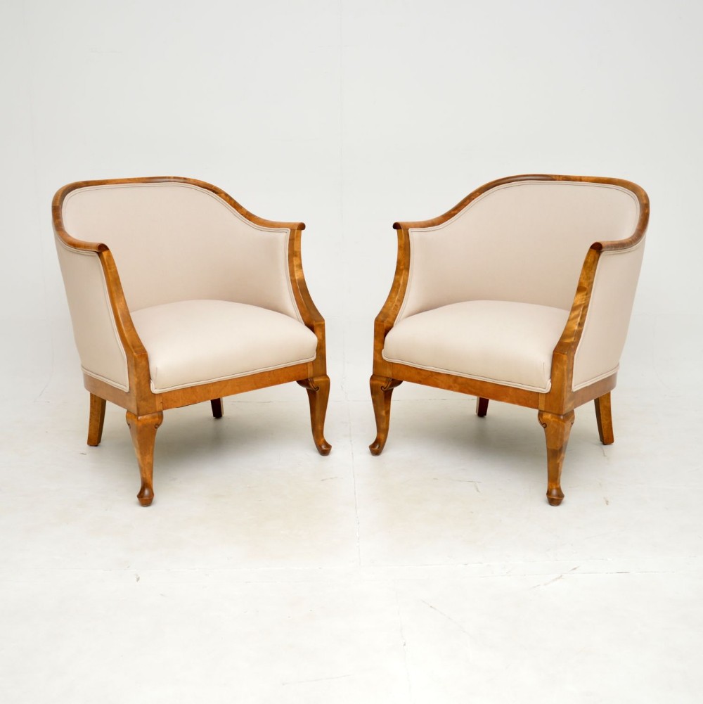 Pair of Antique Swedish Satin Birch Armchairs
