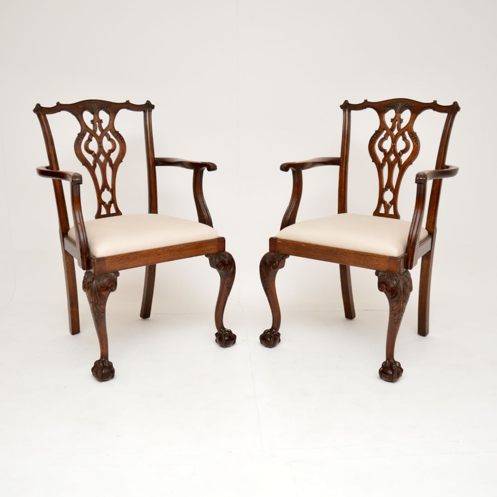 Pair of Antique Chippendale Revival Mahogany Carver Armchairs
