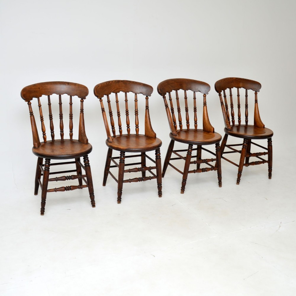 Set of 4 Antique Victorian Elm Farmhouse Dining Chairs
