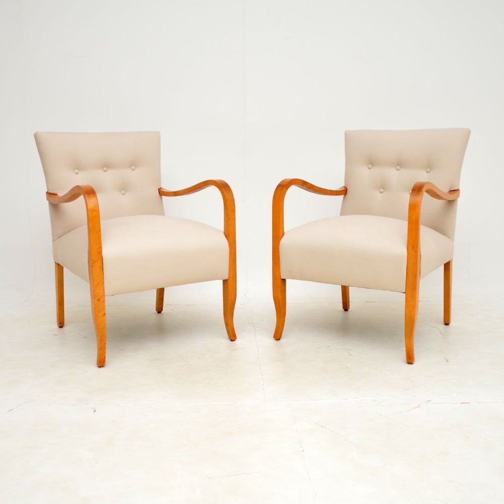 1920's Pair of Swedish Art Deco Satin Birch Armchairs
