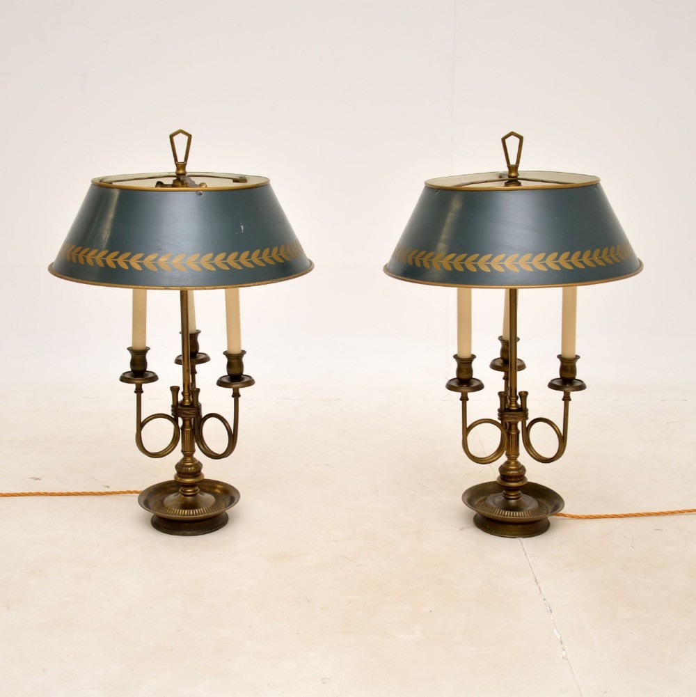 Pair of Antique Brass Table Lamps with Tole Shades
